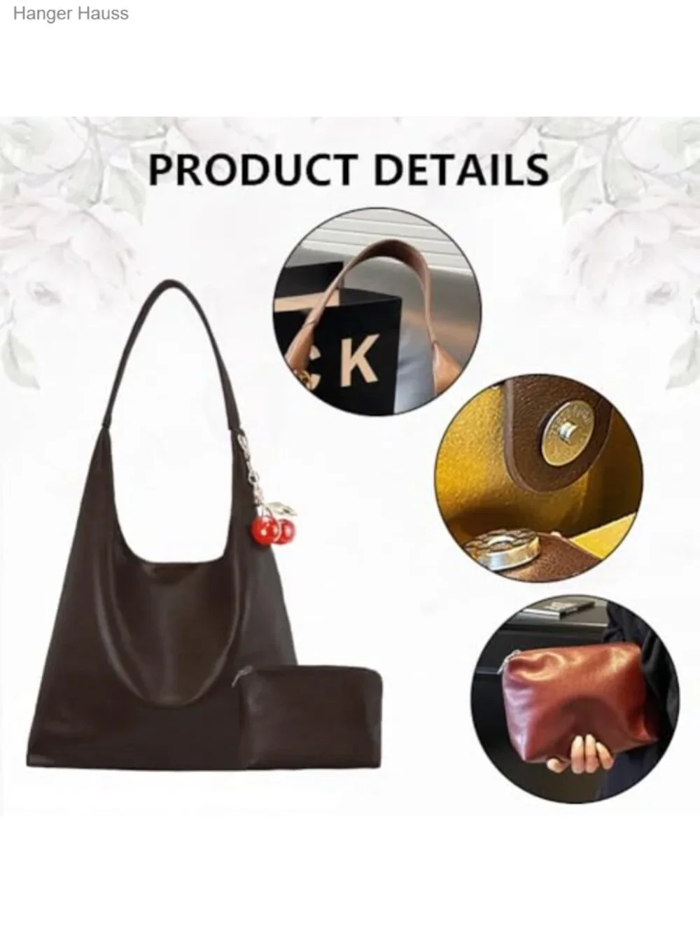 Vegan Hobo Bag Cherry Leather Shoulder Purse Slouchy Designer Crossbody Bag for